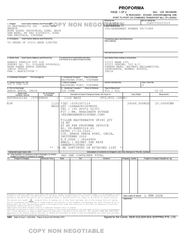 Port to Port Bill of Lading Template | PDF | Cargo | Bill Of Lading