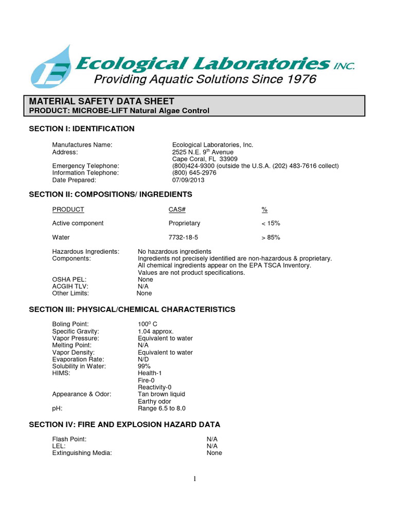 Microbe-Lift Algae Control MSDS | PDF | Toxicity | Water