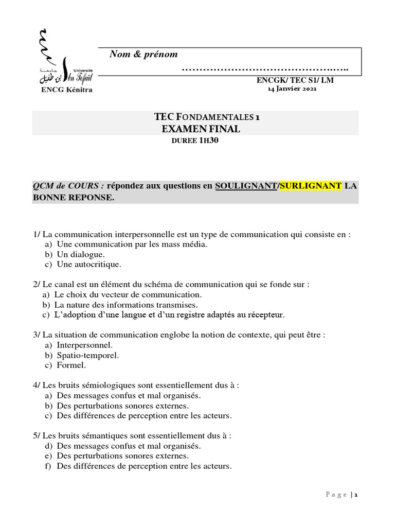 Examen Final TEC Fondamentales 1 | PDF | la communication | Argumentation