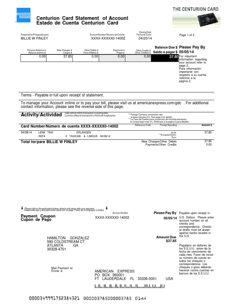 Amex Billie Statement FULL | PDF | Cheque | Payments