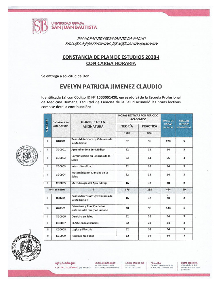 CONSTANCIA DE PLAN DE ESTUDIOS -CARGA HORARIA | PDF