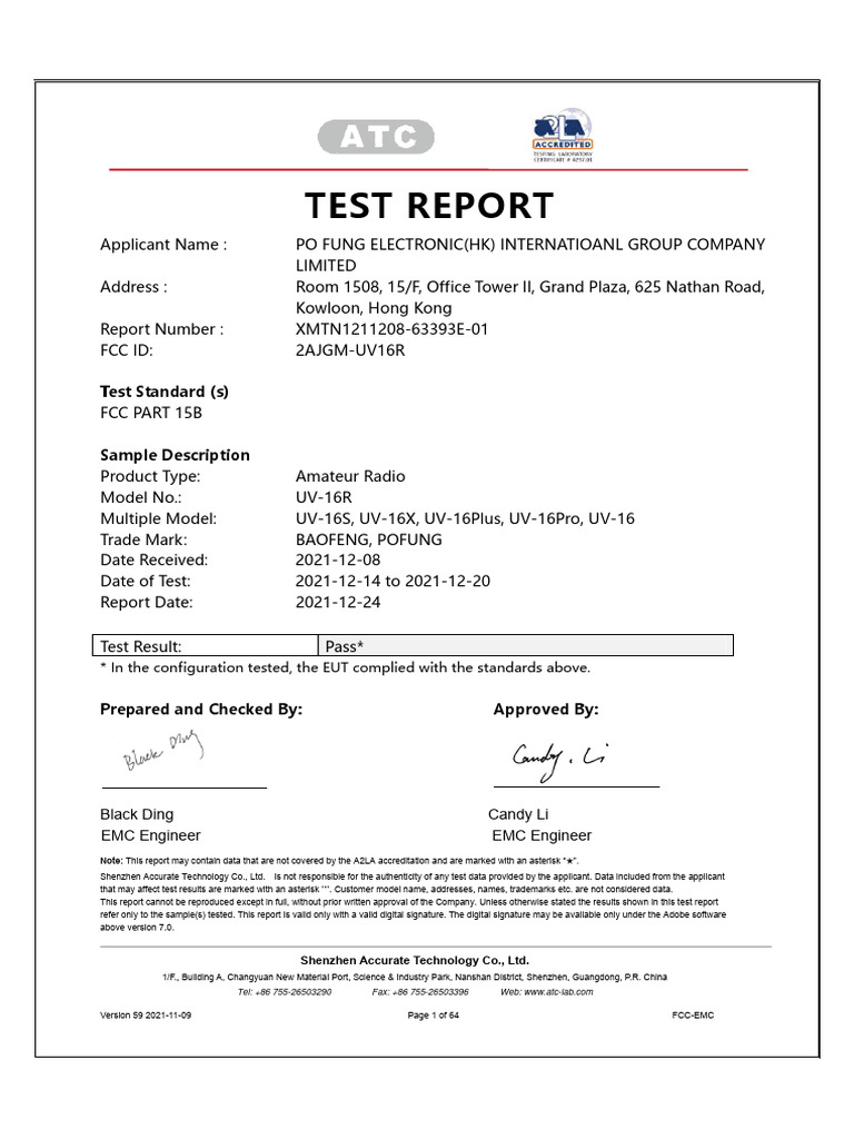 FCC EMC Test Report for UV-16R Model | PDF | Electromagnetic ...