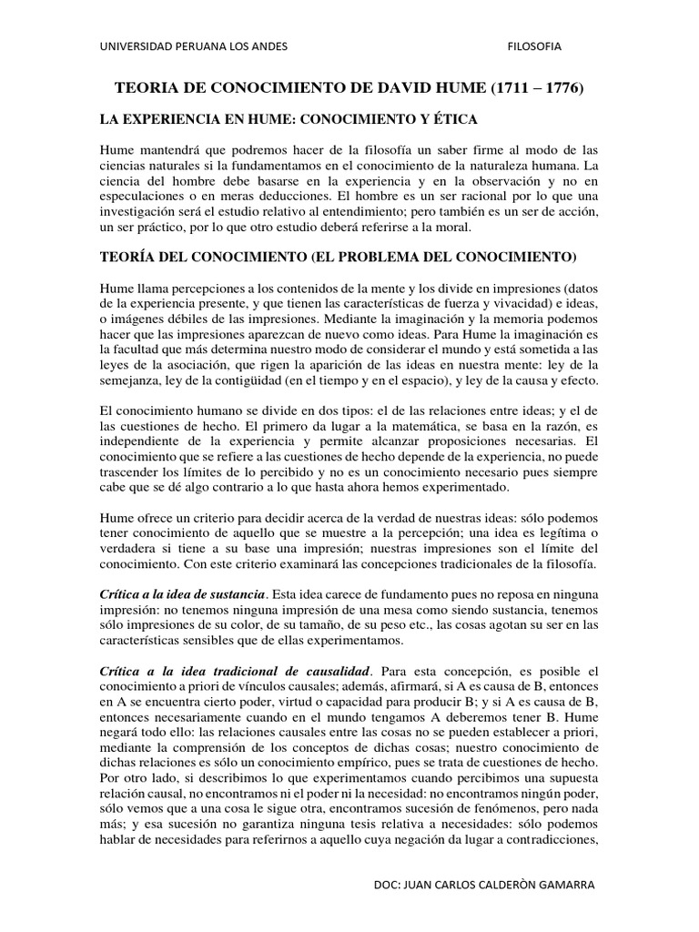 Teoría del Conocimiento de Hume | PDF | David Hume | Conocimiento