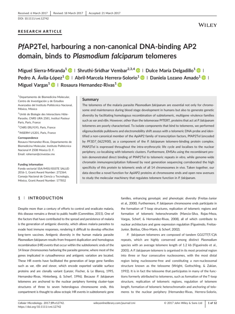 2017 - PfAP2Tel Harbouring A Non-Canonical DNA-binding AP2 Domain ...