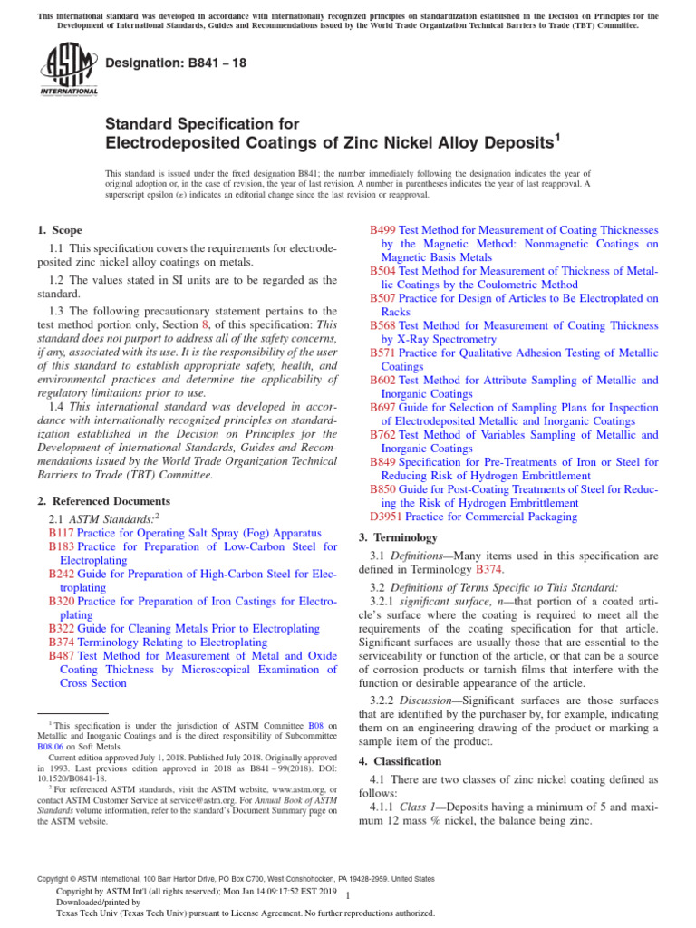 Electrodeposited Coatings of Zinc Nickel Alloy Deposits: Standard ...