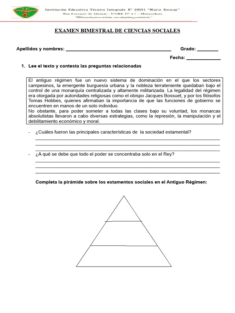 Examen Bimestral de Ciencias Sociales | PDF | Sociedad | Familia