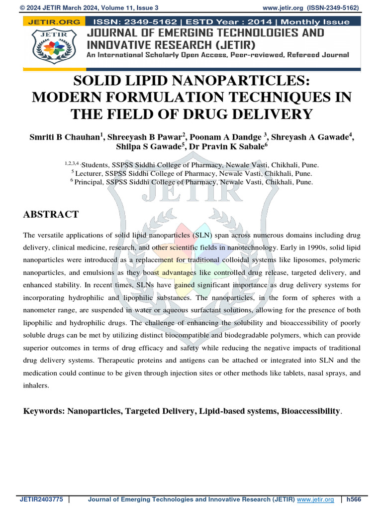 Solid Lipid Nanoparticles in Drug Delivery | PDF | Microscopy ...