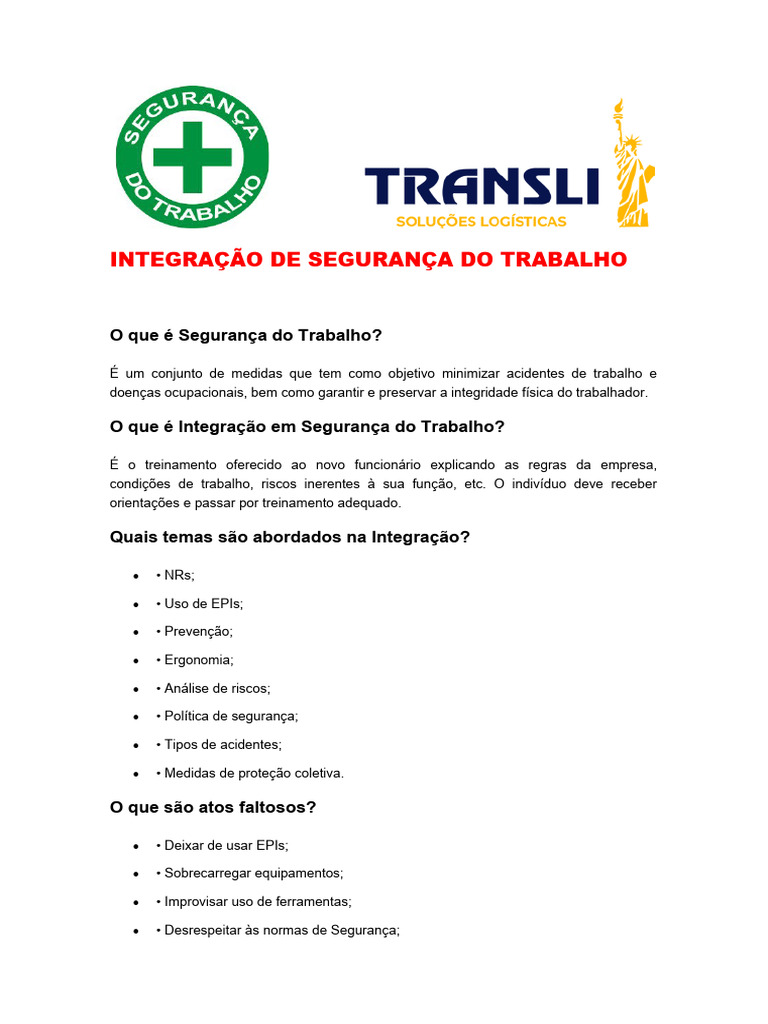 Integração em Segurança do Trabalho | PDF