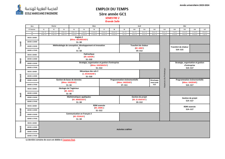 Emploi du temps 1ère année GC1 S2 | PDF