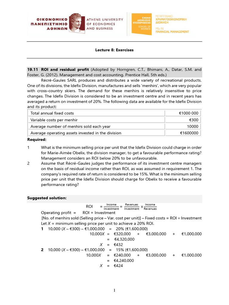 Lecture 8 Exercises Download Free PDF Return On Investment Cost
