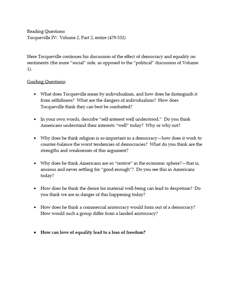 Week 9 Reading Questions | PDF | Individualism | Alexis De Tocqueville