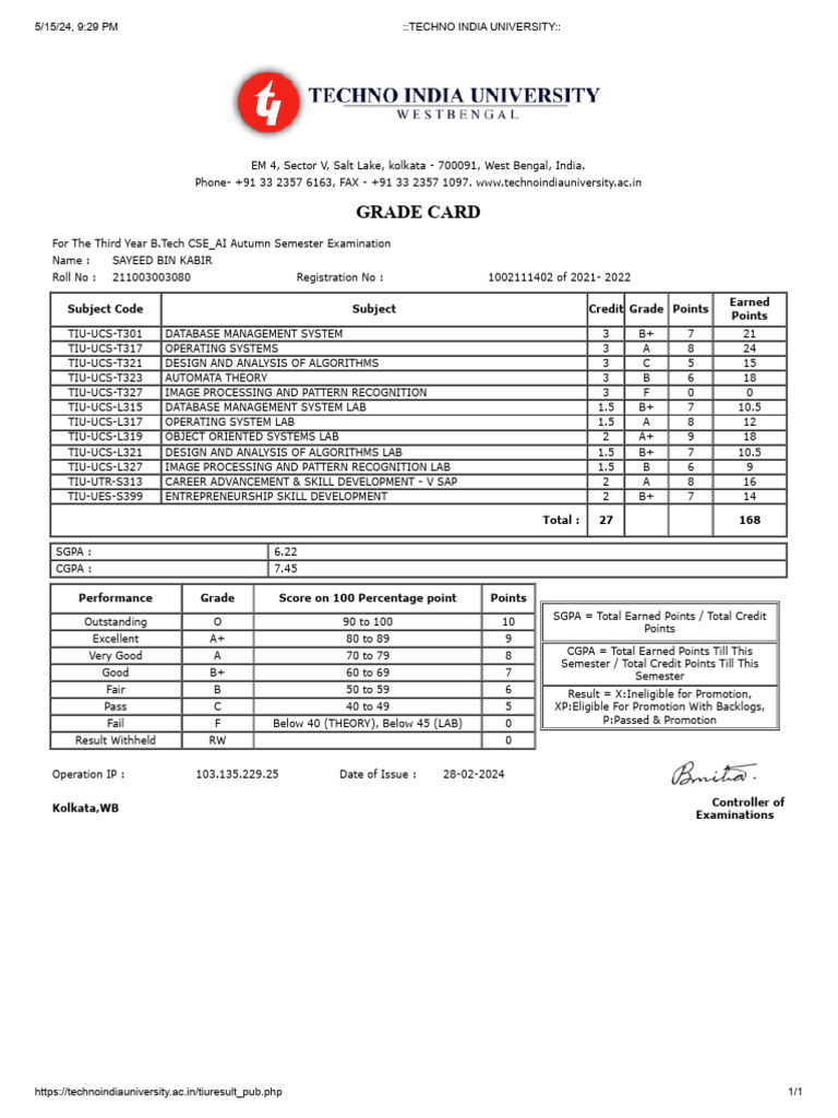 B.Tech CSE Autumn Semester Grade Card | PDF | Applied Mathematics ...