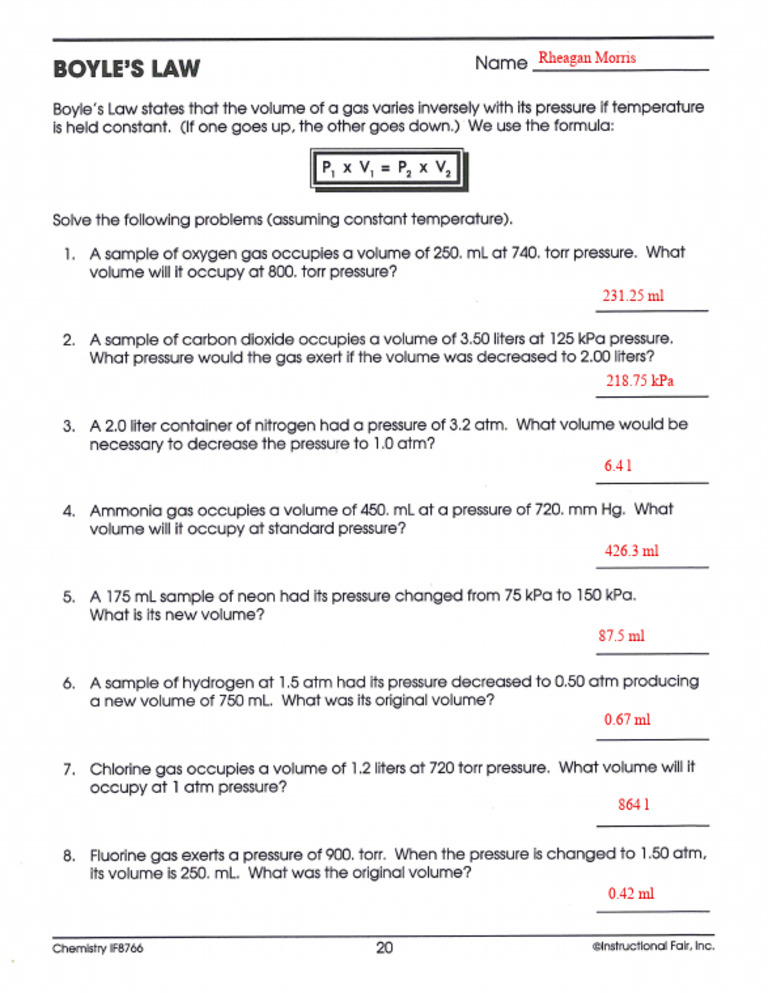 Boyle's Law Gas Volume Calculations | PDF | Gases | Pressure