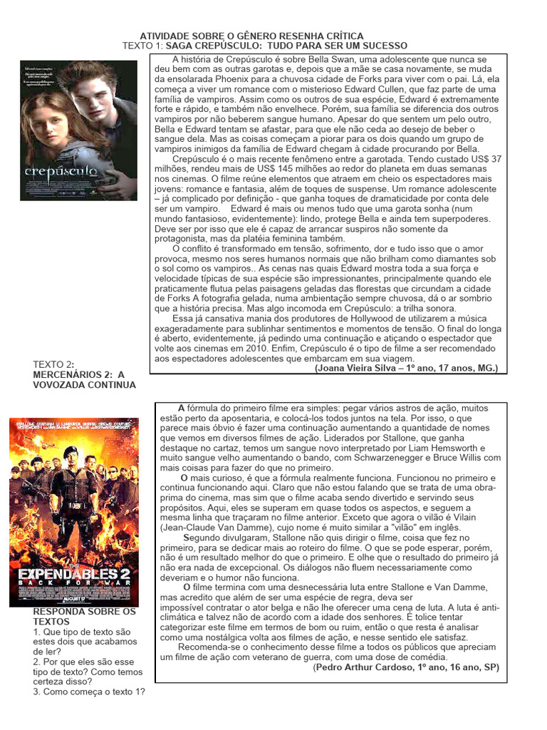 Atividade Sobre o Genero Resenha Critica | PDF | Crepúsculo (série ...
