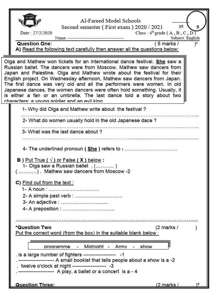 First Exam 4th Grade | PDF | Verb | Linguistics