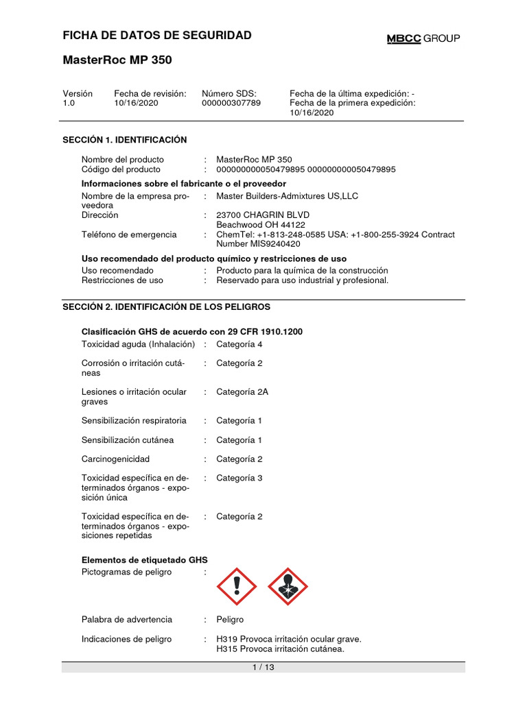 Ficha de Seguridad: MasterRoc MP 350 | PDF | Alergia | Agente oxidante