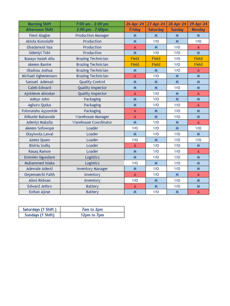Warehouse Shift Schedule April-May 2024 | PDF