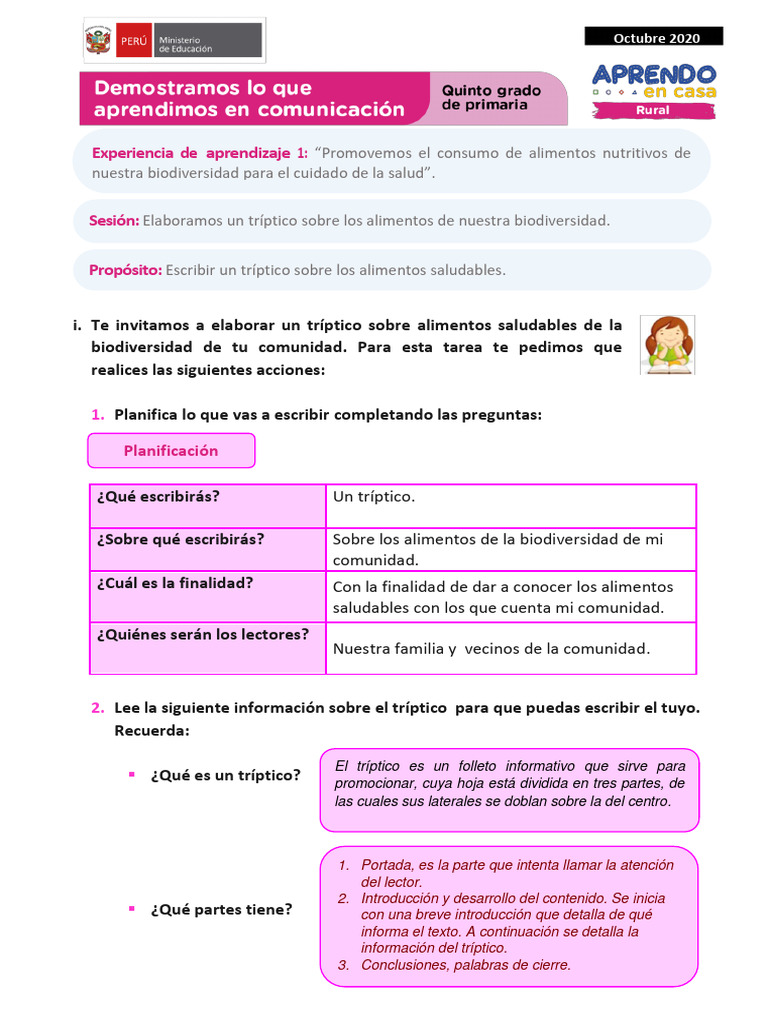 Ficha 2 Sesión 2 Exp 1 Comunicación Quinto Grado - Octubre 2020 | PDF