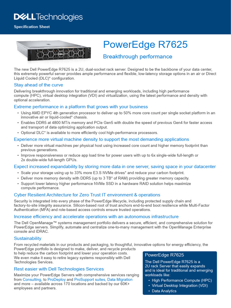 Poweredge r7625 Spec Sheet | PDF | Solid State Drive | Computer Engineering