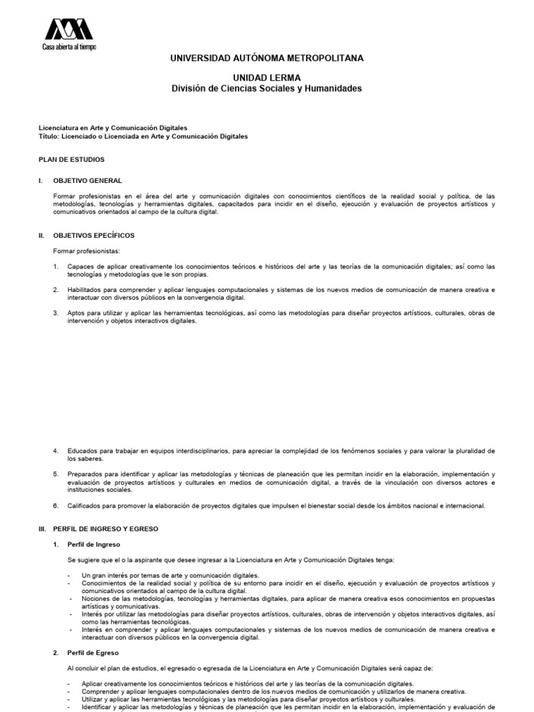 Licenciatura en Arte y Comunicación Digitales | PDF | Plan de estudios ...