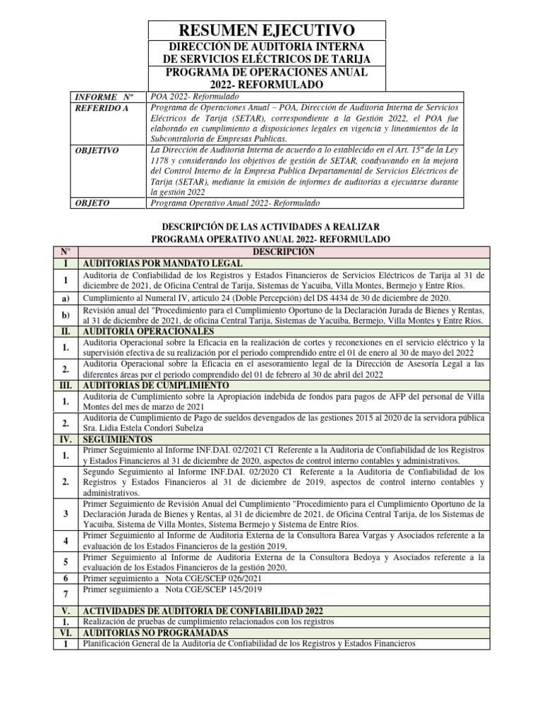 Resumen Ejecutivo Poa 2022 Auditoria Interna Setar | PDF | Auditoría ...
