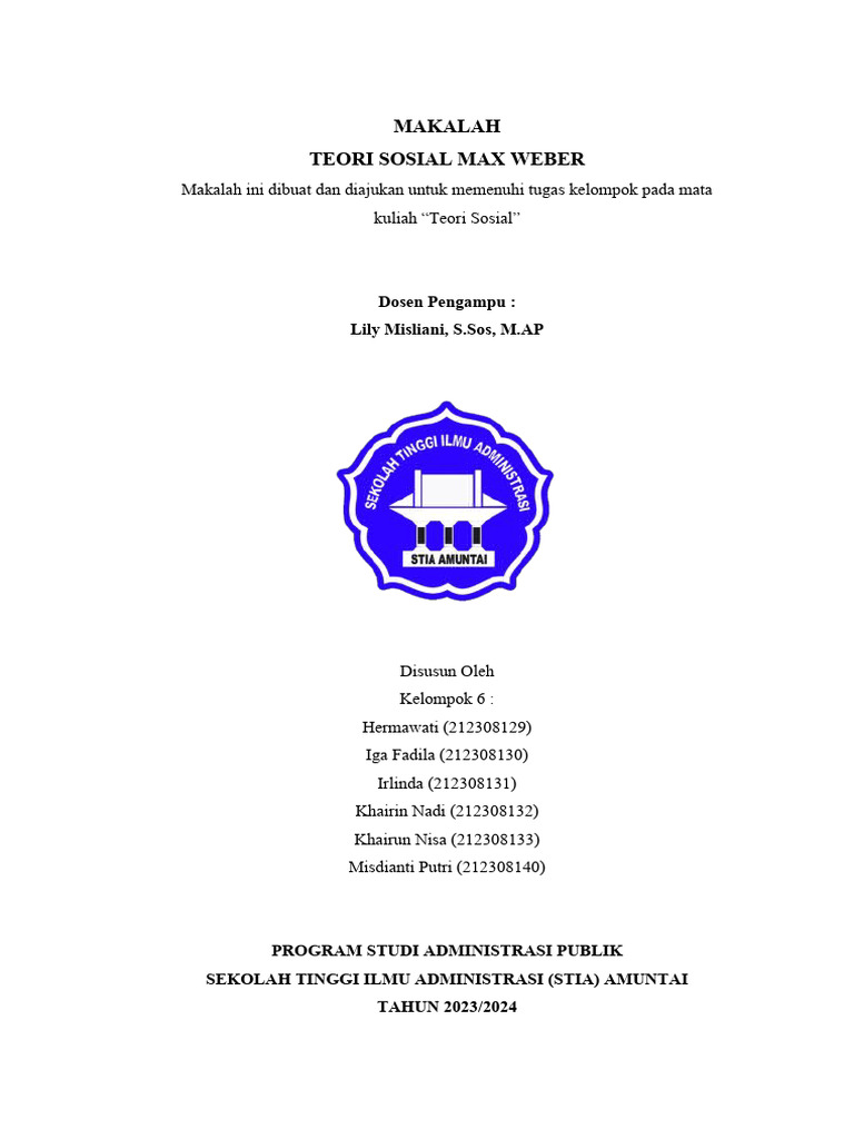 Makalah teori max weber kel 6 pdf sejarah ilmu sosial