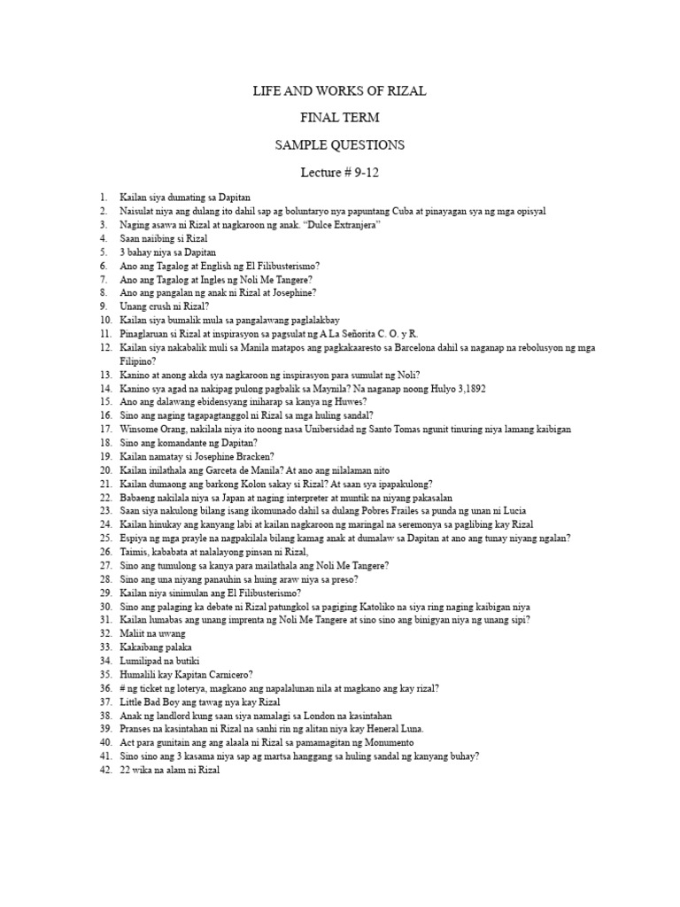 Life and Works of Rizal Questionnaire | PDF