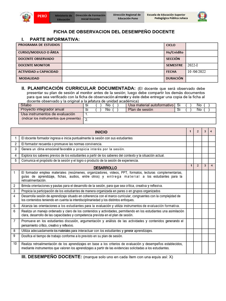 Ficha de Observación Docente 2022-I | PDF | Maestros | Evaluación