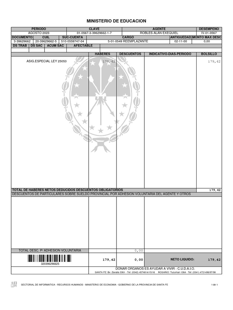 RECIBO-DE-SUELDO AGOSTO 2023-20396296625-CARGO 5-01-0549 | PDF