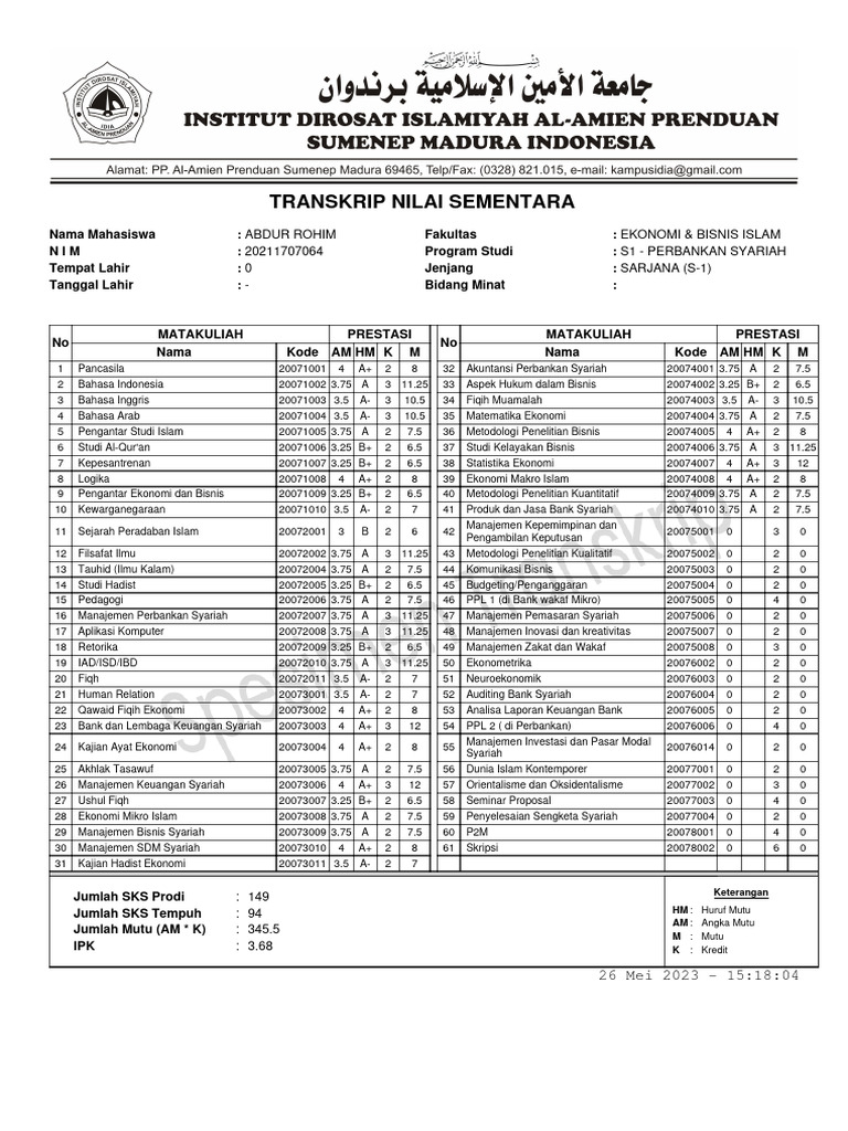 Transkrip Mahasiswa Pdf