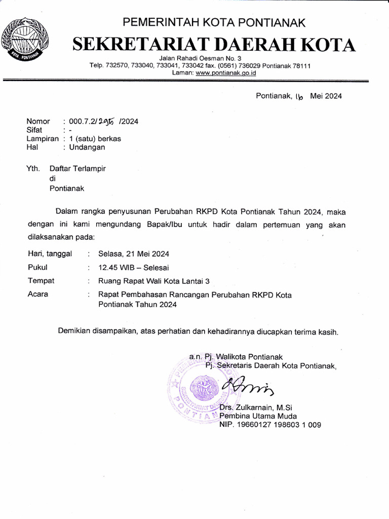 Undangan Rapat RKPD Kota Pontianak | PDF | Griya & Taman