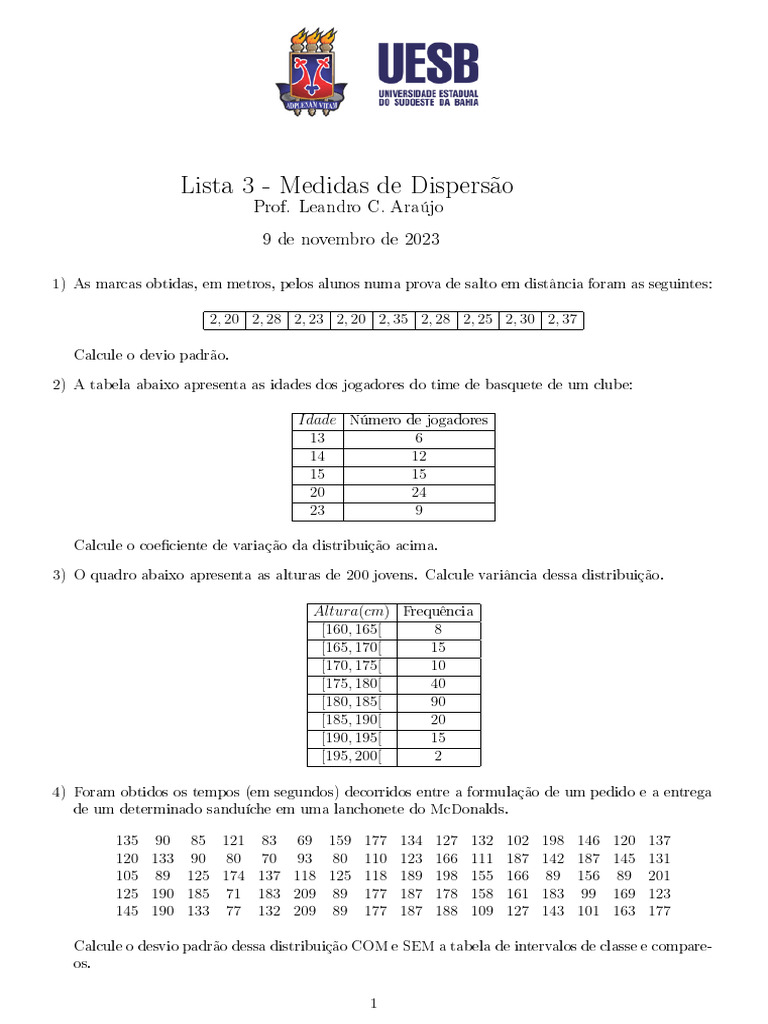 Exercícios de Medidas de Dispersão | PDF | Desvio padrão | Variação