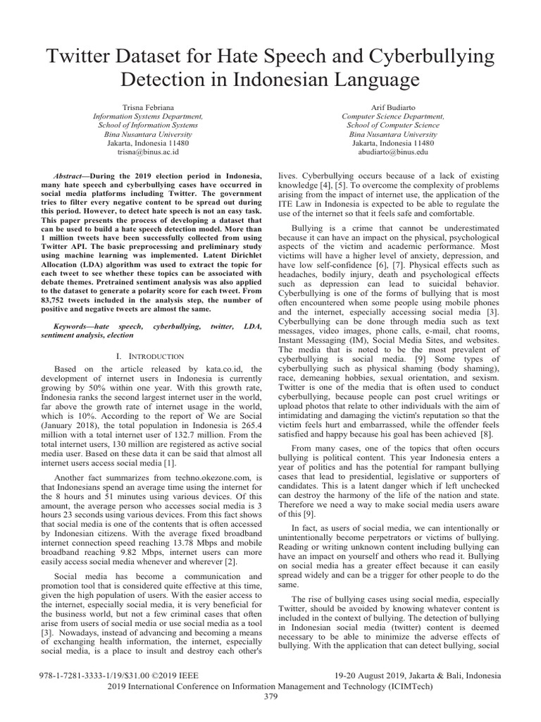 Indonesian Twitter Hate Speech Dataset | PDF | Cyberbullying | Social Media