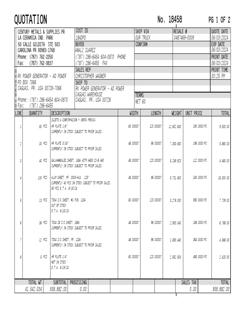 Century Metals Quotation 18458 | PDF