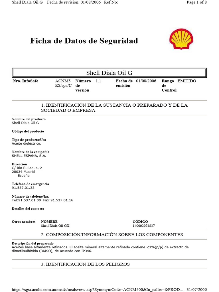 Hoja Seguridad Aceite Dielec Shell Diala | Descargar gratis PDF ...