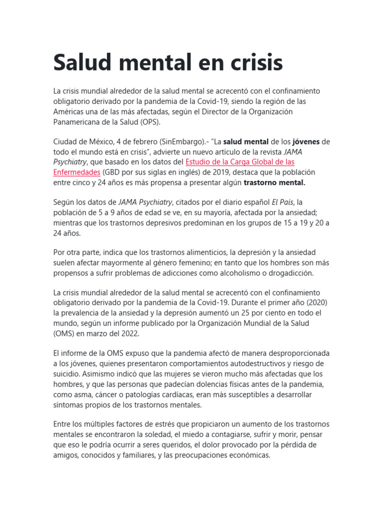 Crisis de salud mental en jóvenes | PDF | Depresión (estado de ánimo ...