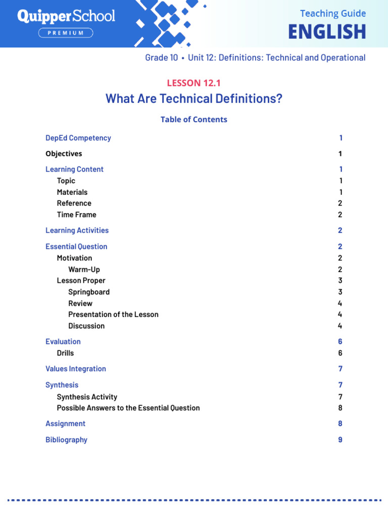 Grade 10: Technical Definitions Lesson | PDF | Mental Disorder | Learning