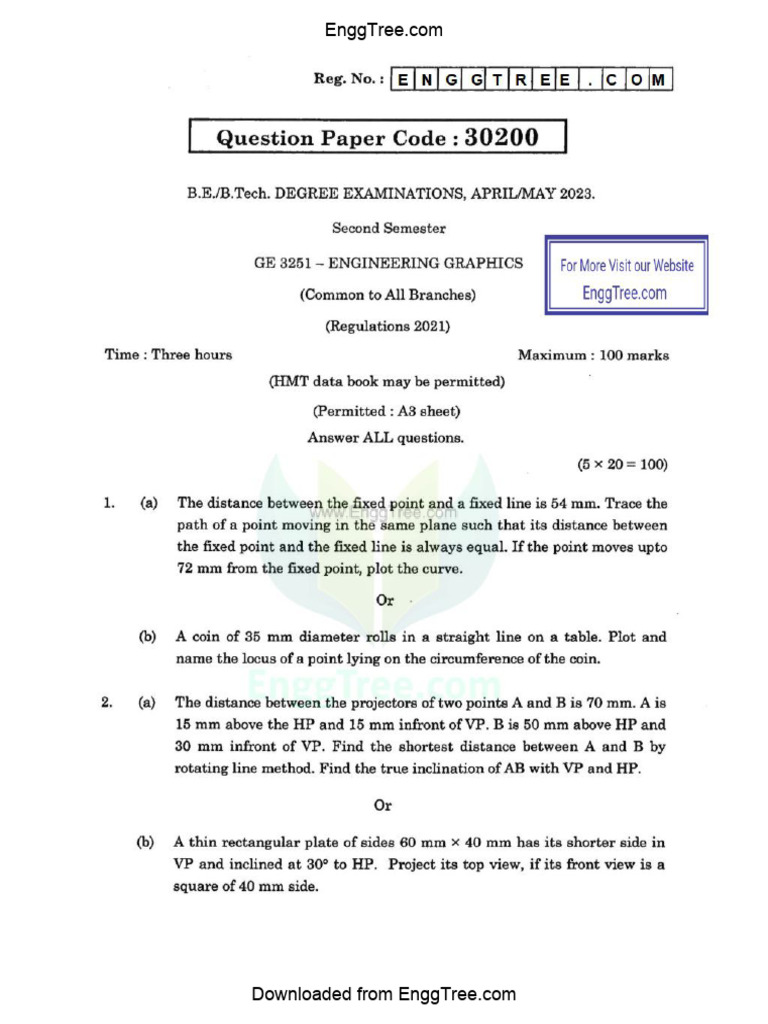 GE3251 Engineering Graphics Apr May 2023 Question Paper Download | PDF