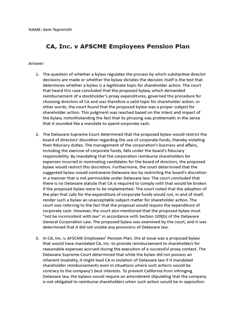 CA, Inc. V AFSCME Employees Pension Plan | PDF | Board Of Directors ...