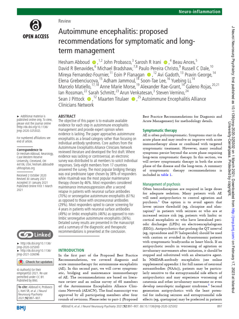 Autoimmune Encephalitis Proposed Recommendations For Symptomatic and ...