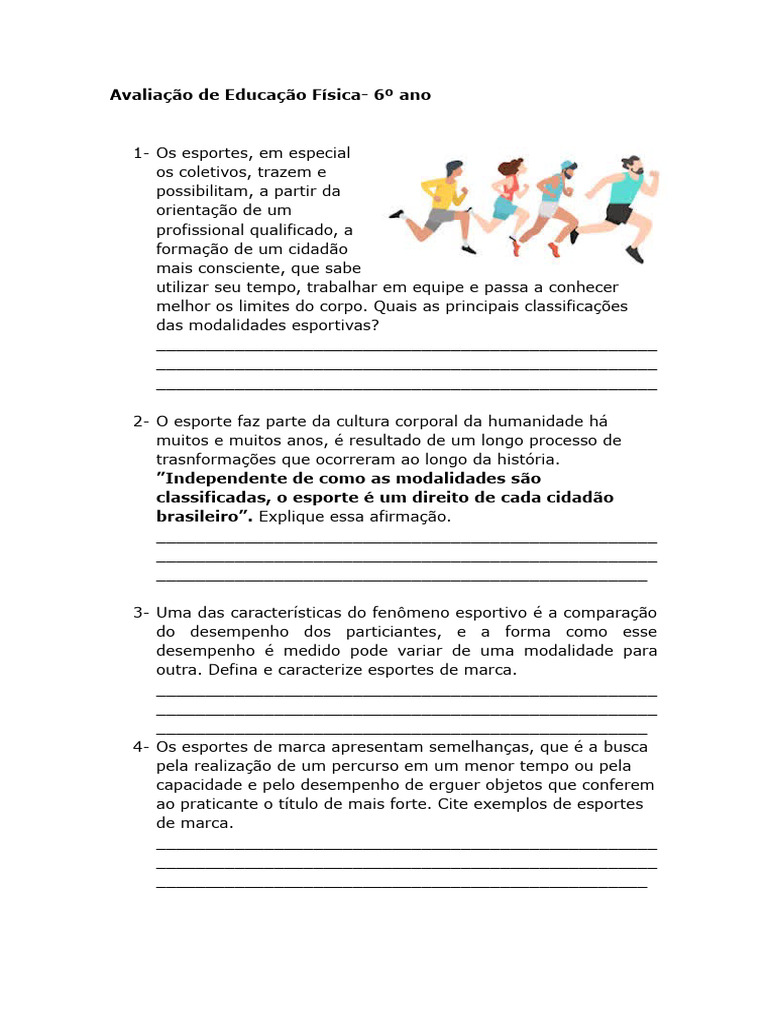 Avaliação de Educação Física - 6º Ano | PDF