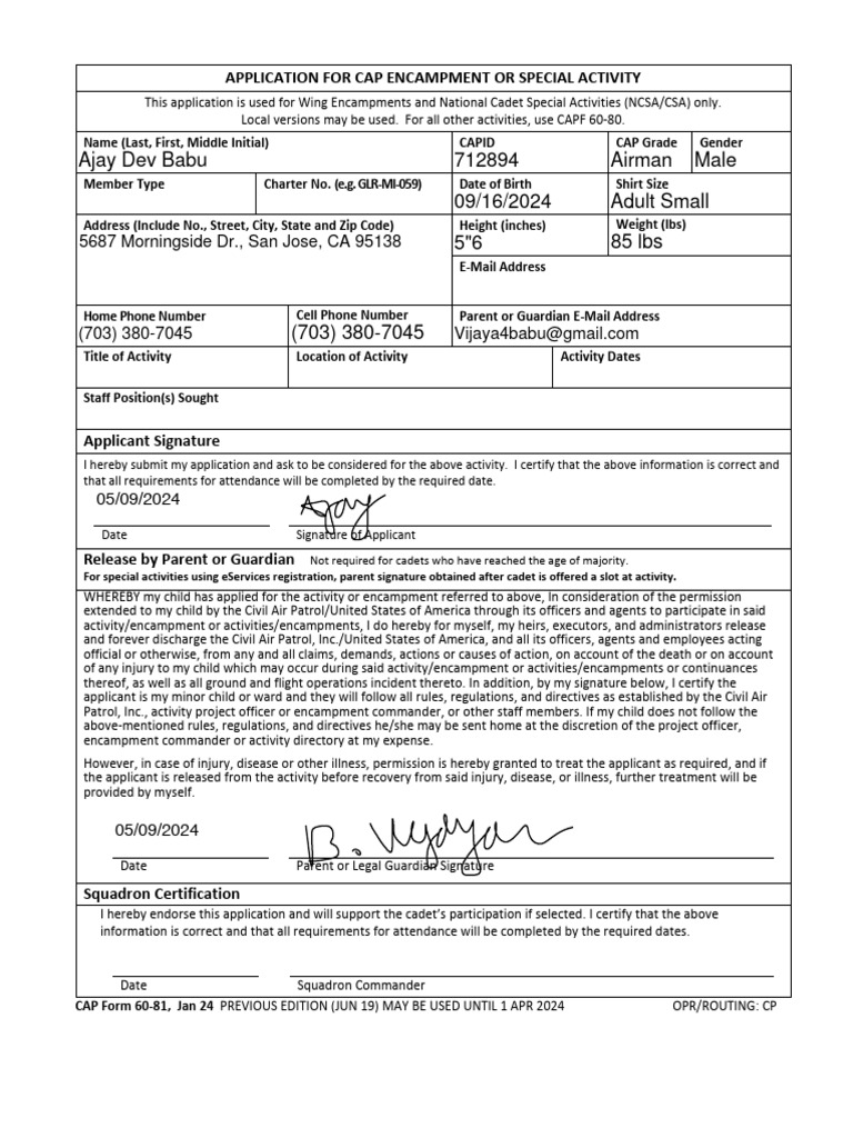 CAP Encampment Application Form | PDF | Civil Air Patrol | Justice