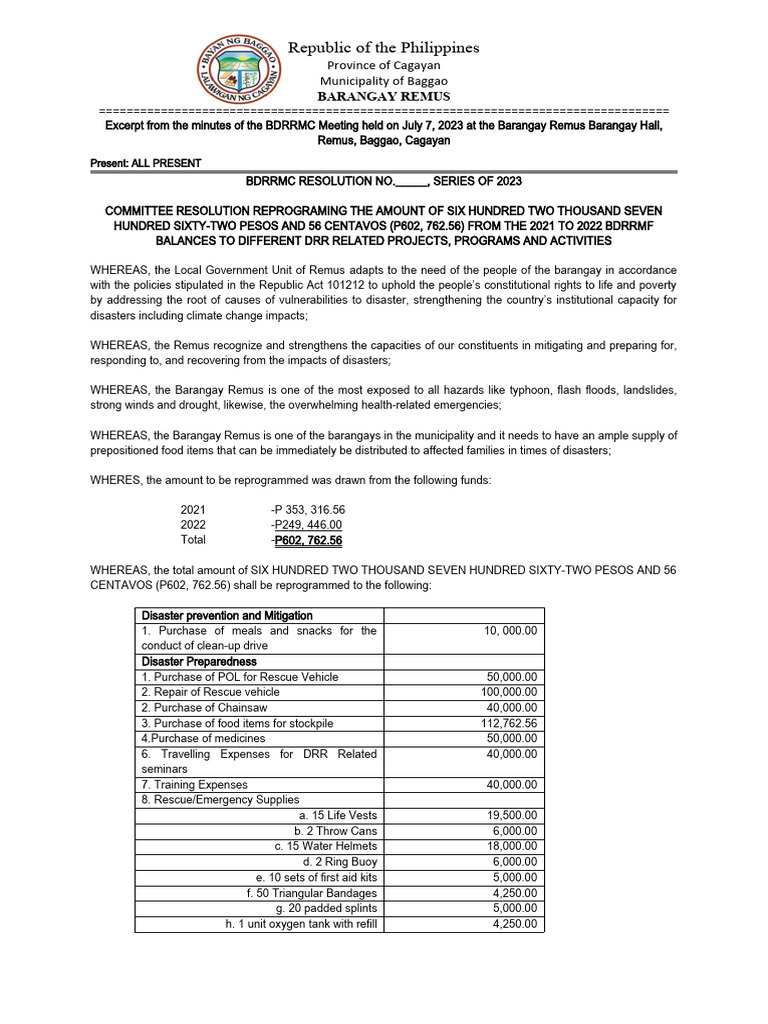 Baggao BDRRMC Fund Reprogramming 2023 | PDF | Emergency Management ...