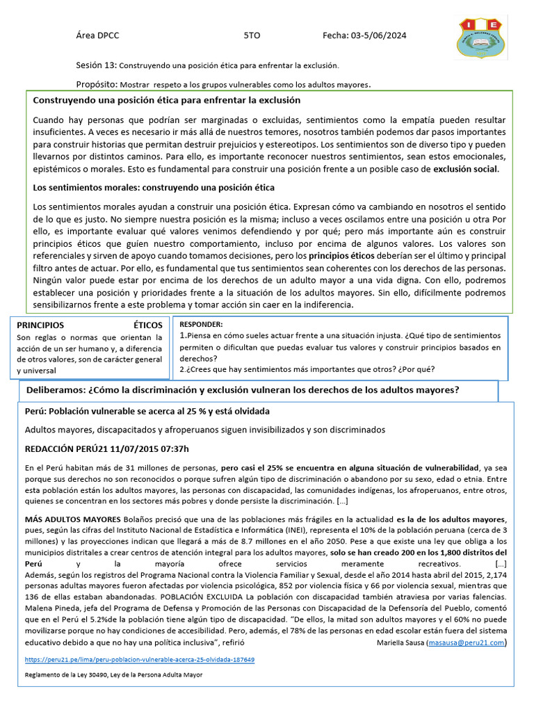 Ficha 13 DPCC 5to - 2024 | PDF | Vejez | Invalidez
