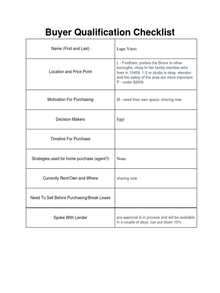 Buyer Qualification Checklist - Lupe Viteri | PDF
