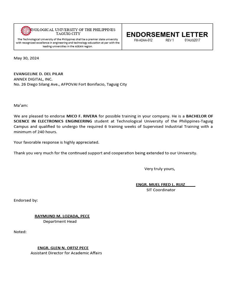 012 Sit Endorsement Letter | PDF | Business | Science & Mathematics
