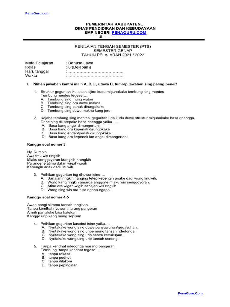  penaguru com soal pts bahasa jawa kelas 8 semester 2 pdf