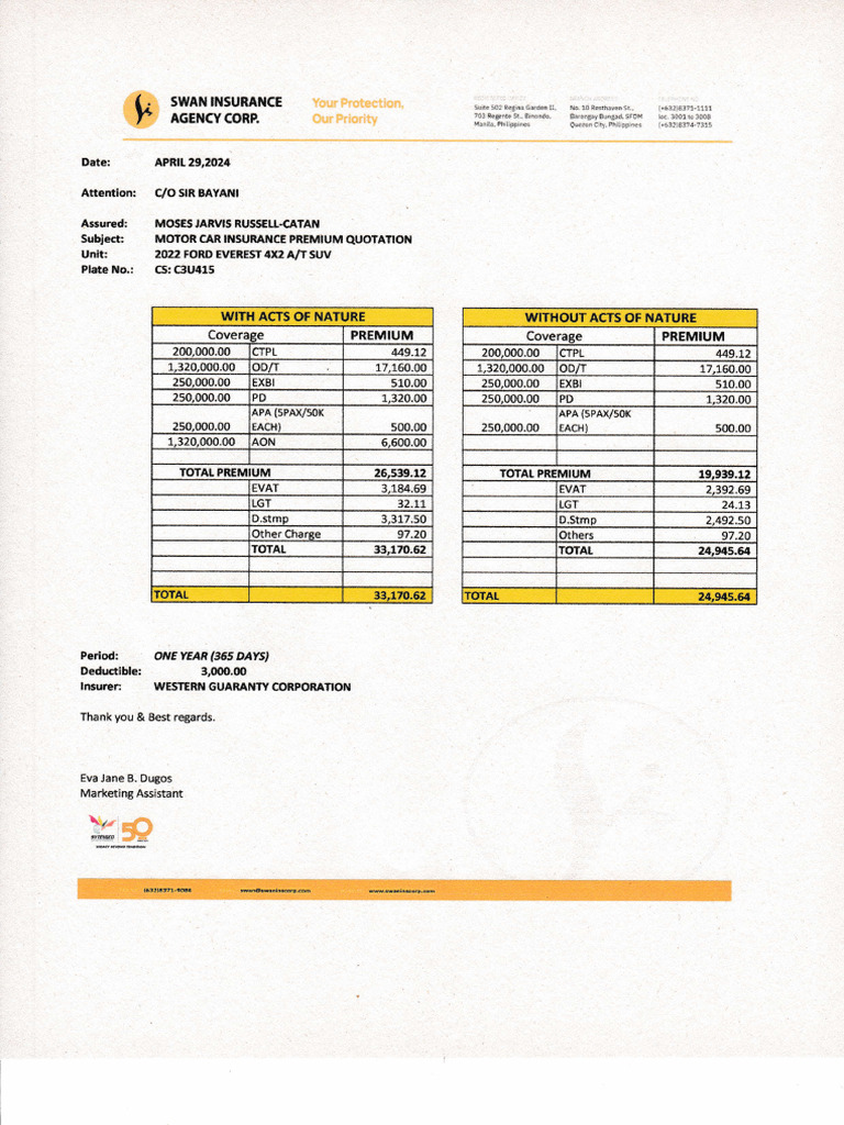 Everest Insurance Premium Quotation | PDF | Risk | Business Law