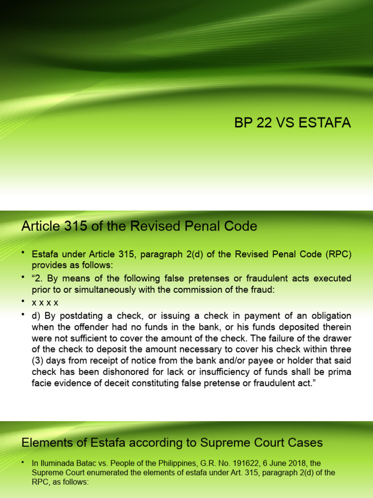 BP 22 vs Estafa: Legal Differences Explained | PDF | Fraud | Criminal Law