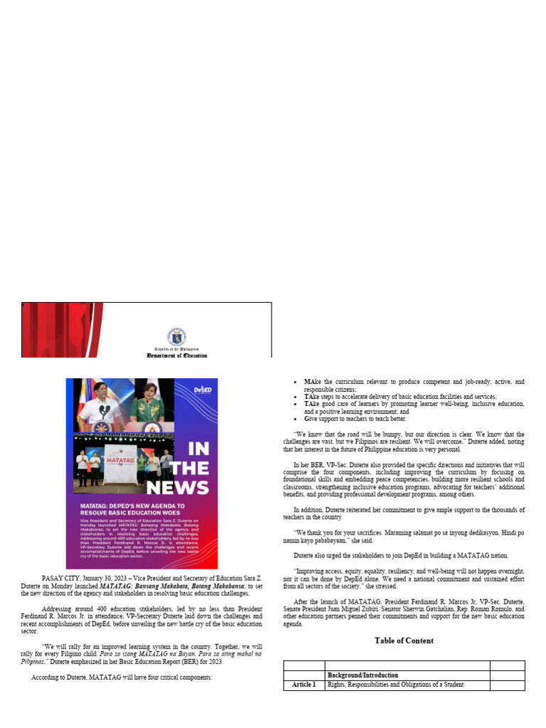 MATATAG Education Initiative Launch 2023 | PDF | Harassment | Violence